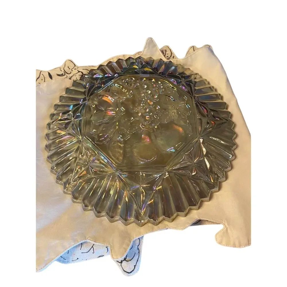 Smoke iridescent carnival glass Federal Glass platter Pioneer Fruit design 10